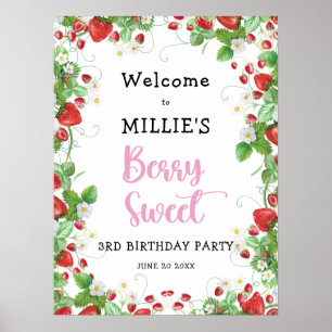 Strawberry Berry Sweet Kids Birthday Party Welcome Poster
