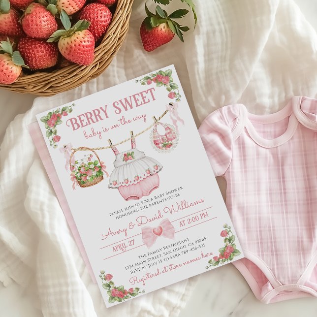 Strawberry Berry Sweet Modern Baby Girl Shower Invitation (Creator Uploaded)