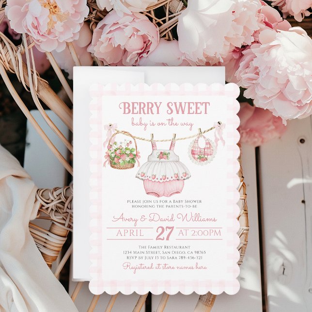 Strawberry Berry Sweet Modern Baby Girl Shower Invitation (Creator Uploaded)