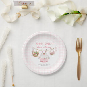 Strawberry Berry Sweet Modern Baby Girl Shower Paper Plate