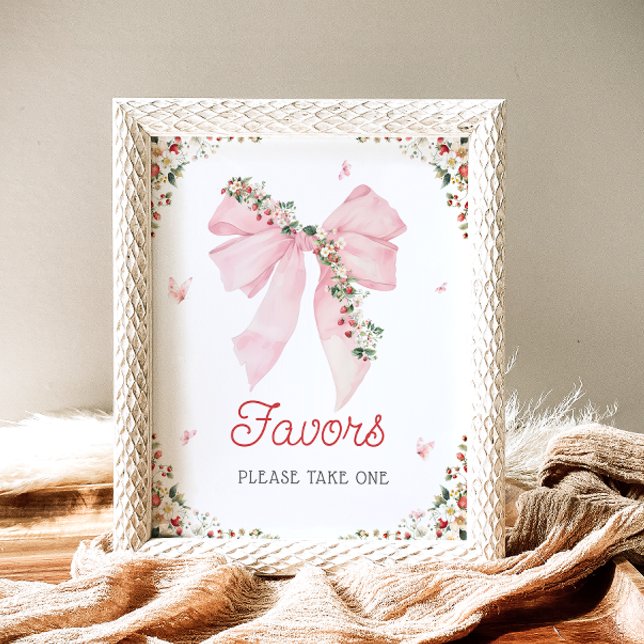 Strawberry Berry Sweet Pink Bow Baby Shower Favour Poster (Creator Uploaded)