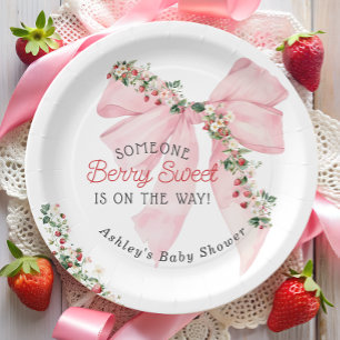 Strawberry Berry Sweet Pink Bow Baby Shower Paper Plate