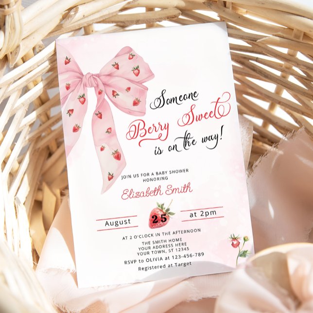 Strawberry Berry Sweet Pink Bow Cute Baby Shower Invitation (Creator Uploaded)
