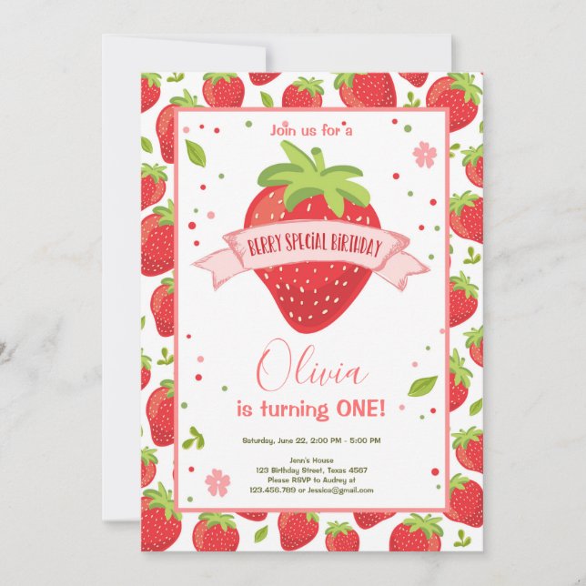 Strawberry Berry Sweet Pink Red First Birthday Invitation (Front)