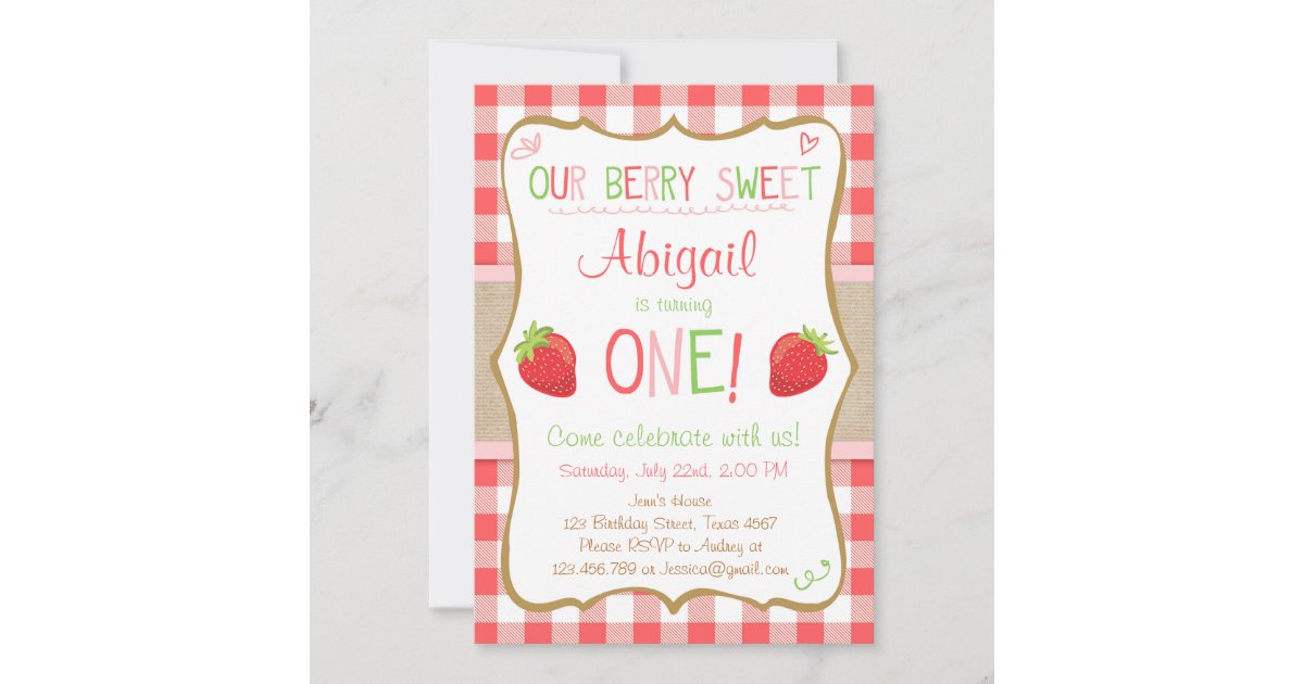 Strawberry Berry Sweet Pink Red First Birthday Invitation | Zazzle
