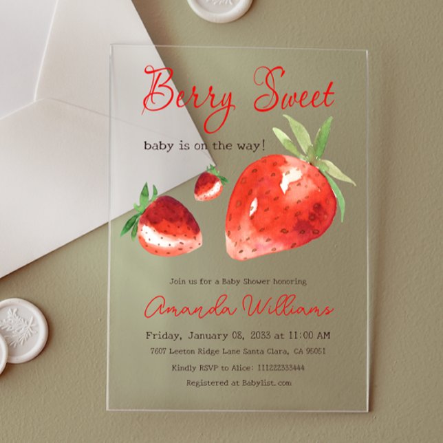 Strawberry Berry Sweet Red Watercolor Baby Shower Acrylic Invitations (Creator Uploaded)