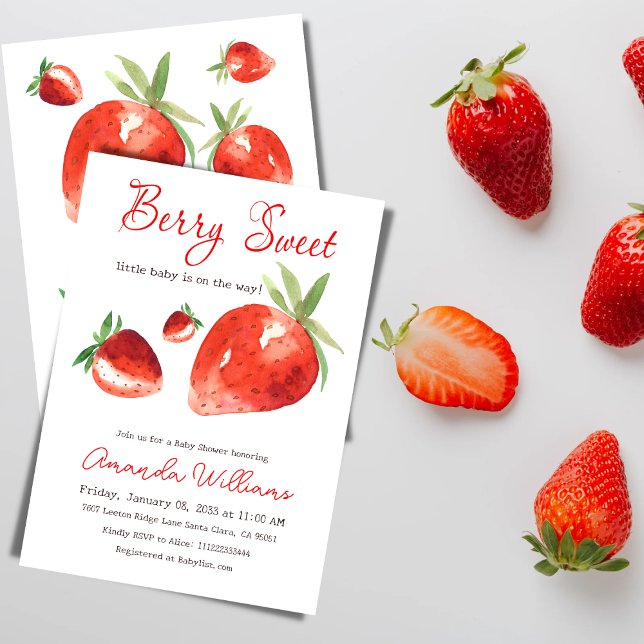 Strawberry Berry Sweet Red Watercolor Baby Shower Invitation (Creator Uploaded)