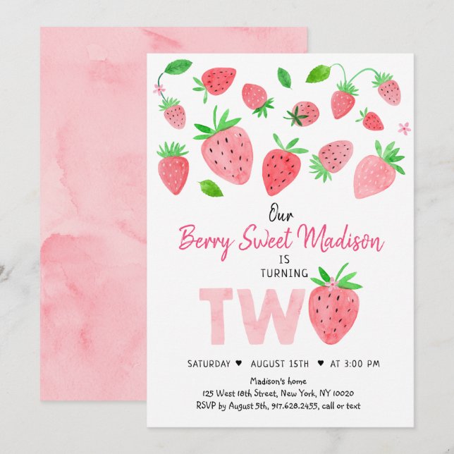 Strawberry Berry Sweet Second Birthday Invitation (Front/Back)
