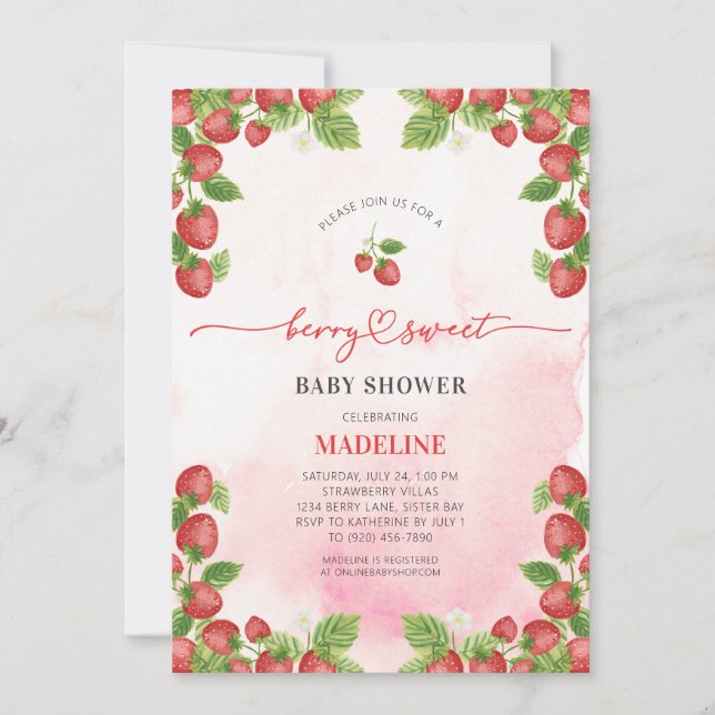 Strawberry Berry Sweet Watercolor Baby Shower  Invitation (Front)