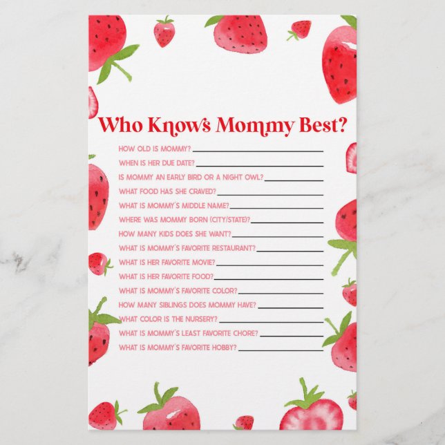 Strawberry Berry Who Knows Mummy Baby Shower Game Stationery (Front)