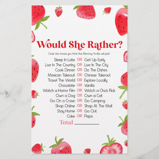 Strawberry Berry Would She Rather Baby Shower Game Stationery (Front)