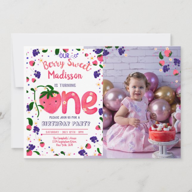 Strawberry BerrySweet FIRST Birthday Invitation (Front)