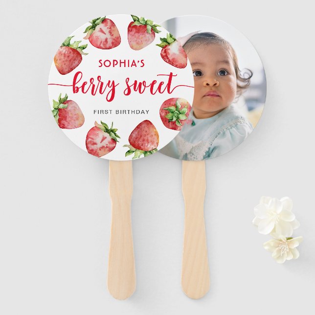 Strawberry Birthday Berry Sweet Photo Hand Fan (Front and Back)