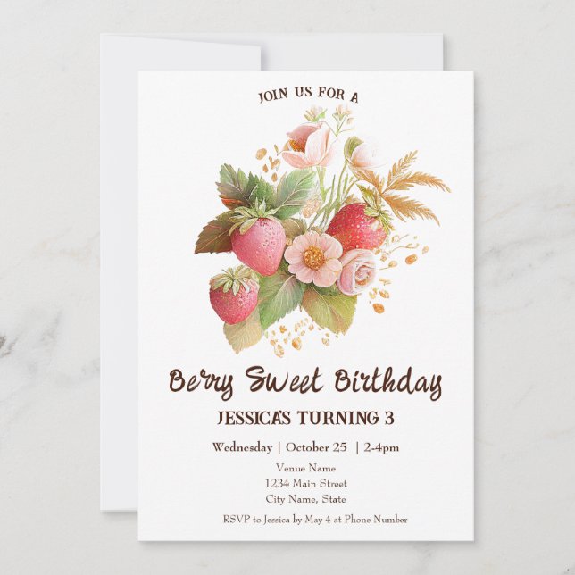 Strawberry Birthday Boho Pink Invitation (Front)