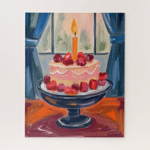 Strawberry Birthday Cake Watercolor Painting Jigsaw Puzzle