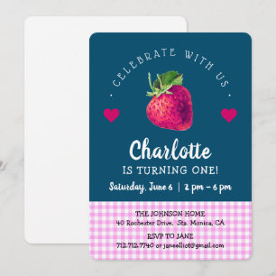Strawberry Birthday Girl Blue Green Pink Chequered Thank You Card