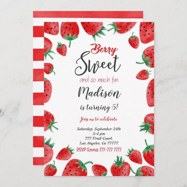 Strawberry Birthday Invitation (Front/Back)