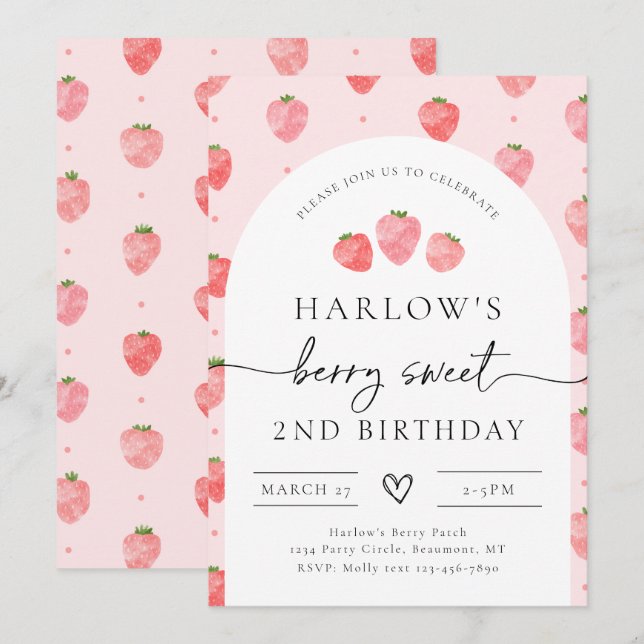 Strawberry Birthday Invitation | Berry Birthday (Front/Back)