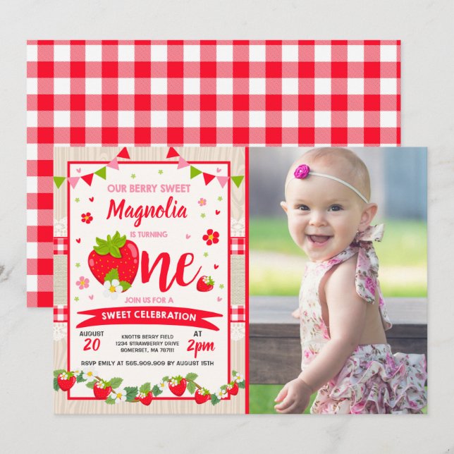 Strawberry Birthday Invitation Berry Sweet Party (Front/Back)