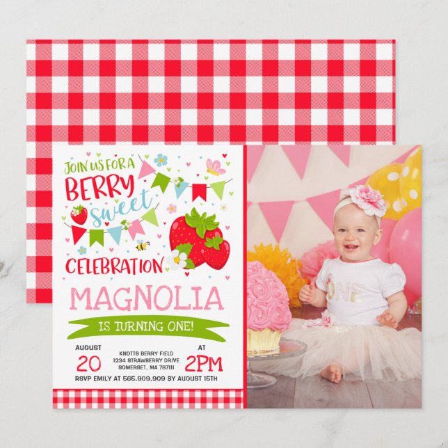 Strawberry Birthday Invitation Berry Sweet Party (Front/Back)