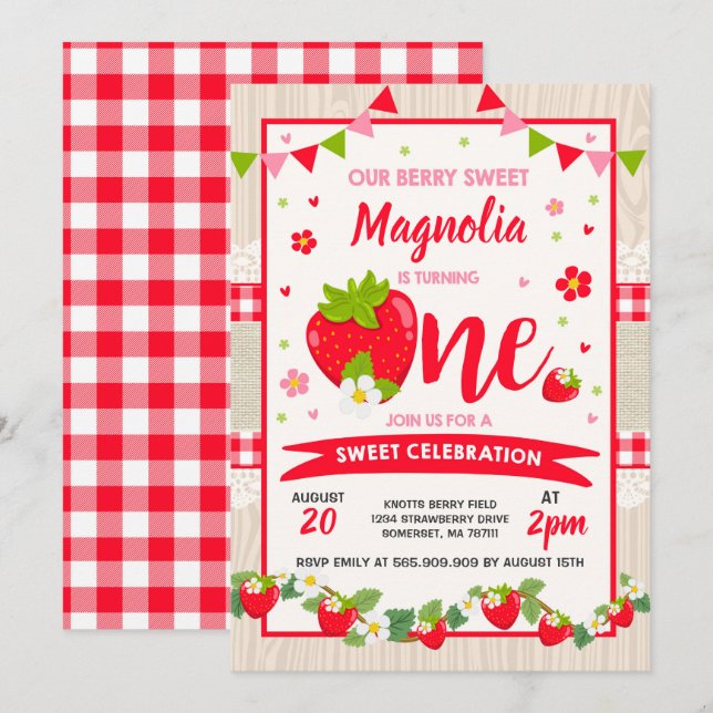 Strawberry Birthday Invitation Berry Sweet Party (Front/Back)
