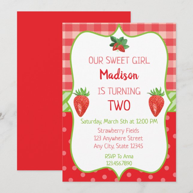 Strawberry Birthday Invitation Berry Sweet Party (Front/Back)