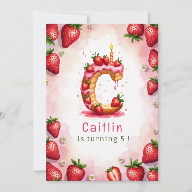 Strawberry Birthday Invitation Letter C Cake Theme (Front)