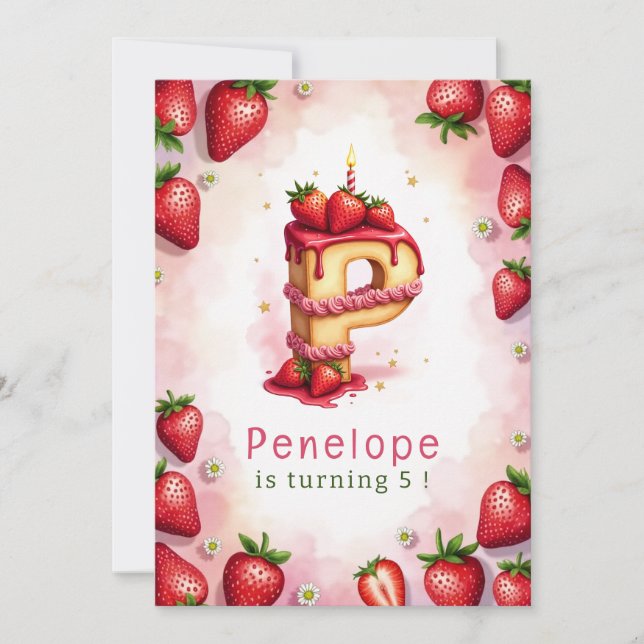 Strawberry Birthday Invitation Letter P Cake Theme (Front)