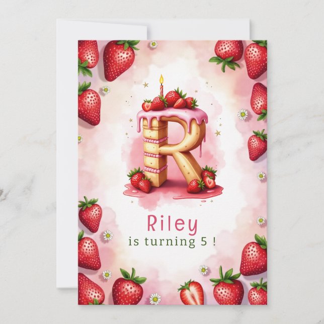 Strawberry Birthday Invitation Letter R Cake Theme (Front)