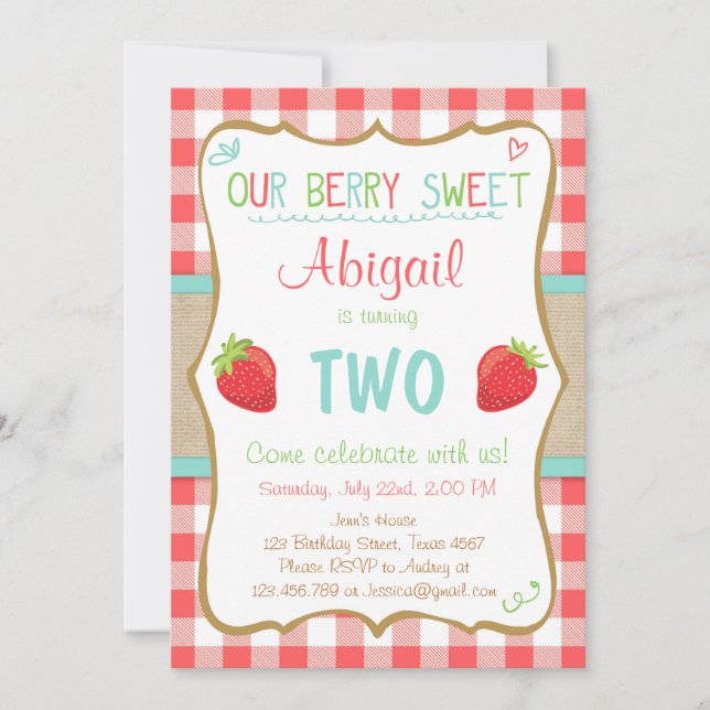 Strawberry Birthday Invitation Summer Party Girl (Front)