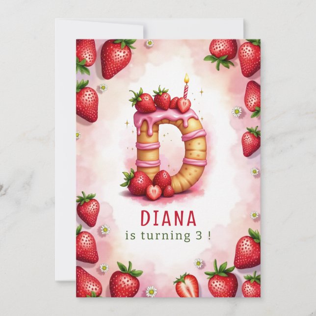 Strawberry Birthday Invite Letter D Cake Design (Front)