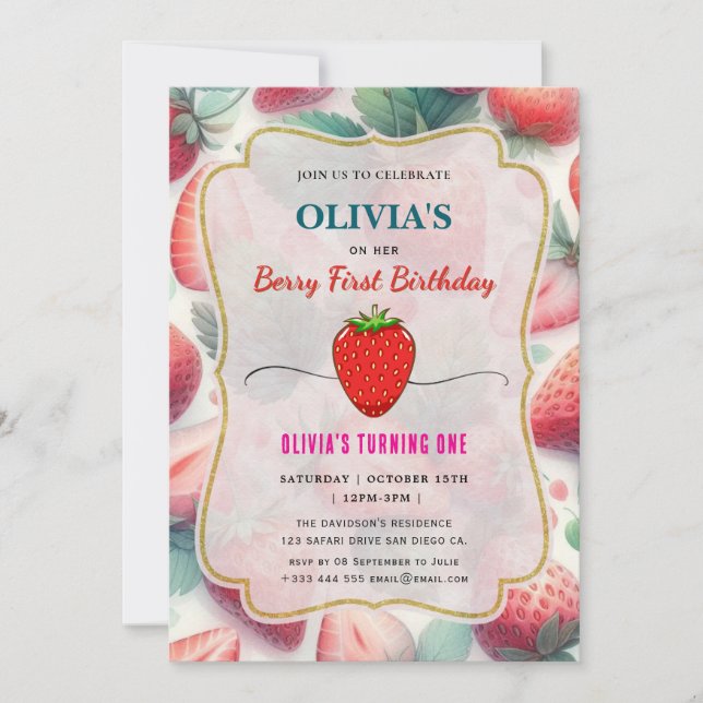 Strawberry  Birthday Party Berry First Invitation (Front)