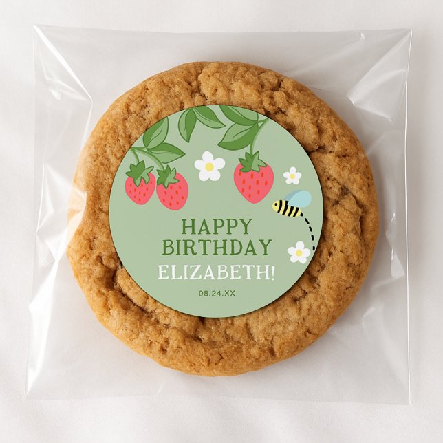 Strawberry Birthday Party Favour Thank you Classic Round Sticker (Creator Uploaded)