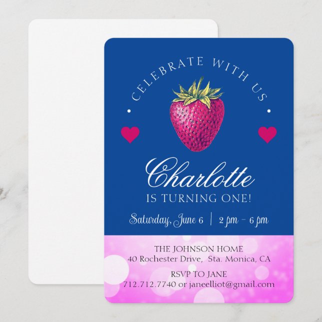 Strawberry Birthday Party Girl Pink and Dark Blue Thank You Card (Front/Back)