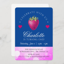 Strawberry Birthday Party Girl Pink and Dark Blue