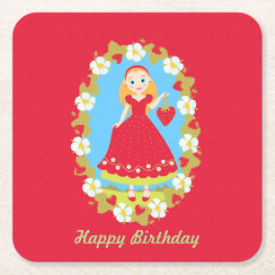 Strawberry Birthday Party Girl Square Paper Coaster