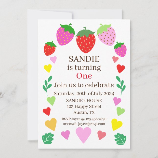 Strawberry Birthday Party  Invitation (Front)