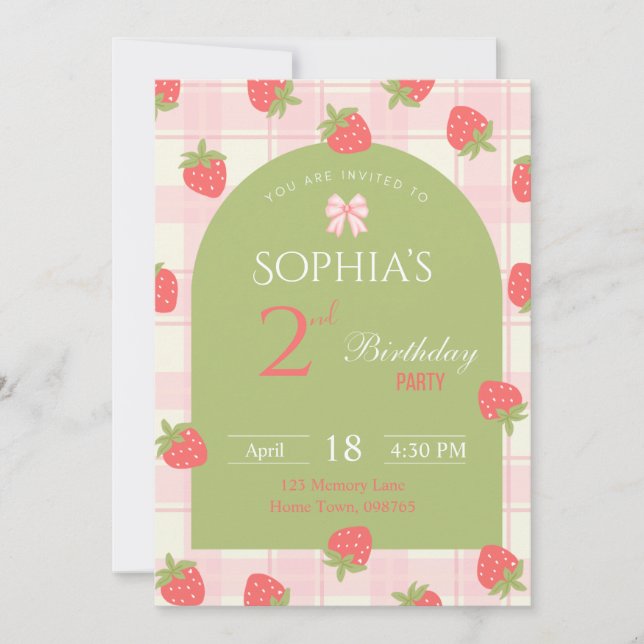 Strawberry Birthday Party Invitation  (Front)