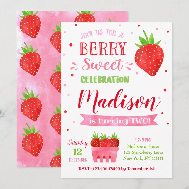 Strawberry Birthday Party Invitations (Front/Back)