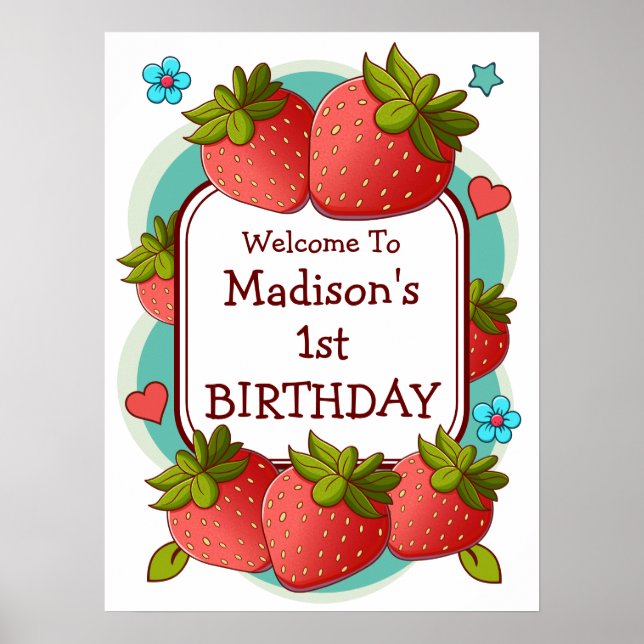 Strawberry Birthday Party Personalised Poster (Front)