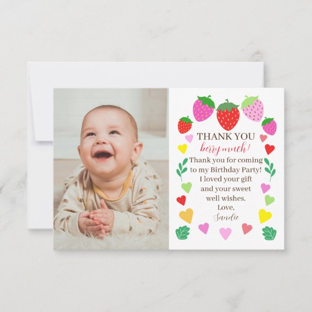Strawberry Birthday Photo Thank You Card (Front)
