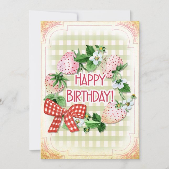 Strawberry Birthday, Pine Berries, Pink, Wreath Holiday Card (Front)
