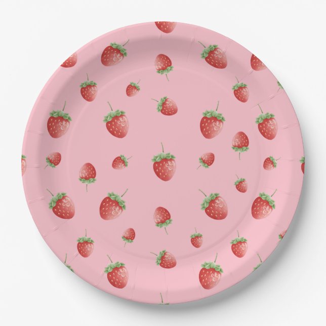 Strawberry Birthday Pink Paper Plate (Front)