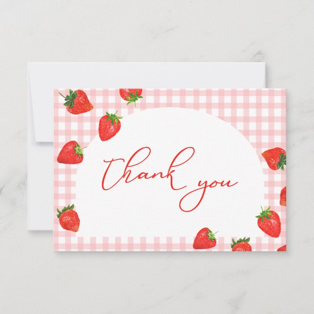 Strawberry Birthday Pink Plaid Berry Thank You Card (Front)