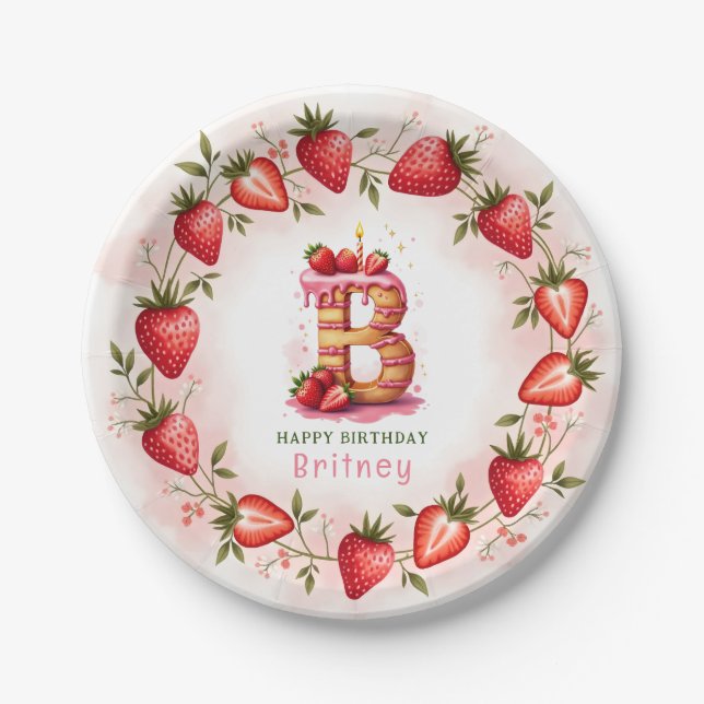 Strawberry Birthday Plate Letter B Cake Design (Front)
