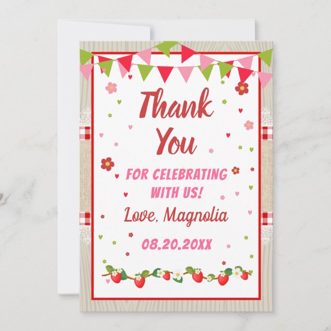 Strawberry Birthday Red Camco Blanket Sweet Party Thank You Card (Front)