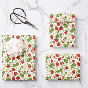 Strawberry Blossoms and Berries Pattern Wrapping Paper Sheet