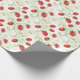 Strawberry Blossoms and Berries Watercolor Style Wrapping Paper