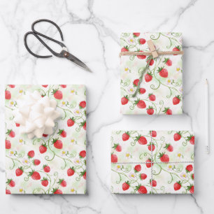 Strawberry Blossoms and Berries Watercolor Style Wrapping Paper Sheet