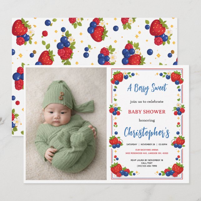 Strawberry Blueberry Berry Sweet Baby Shower Invitation (Front/Back)